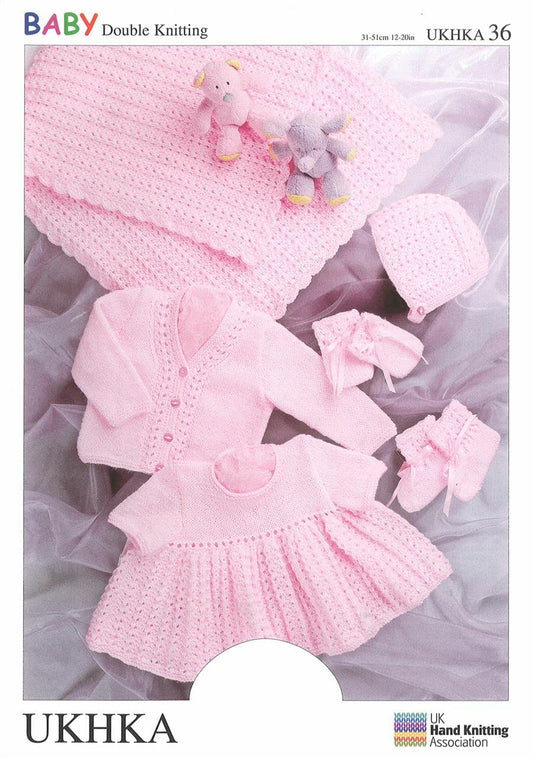 UKHKA/36 Shawl Cardigan Dress Hat Mitts & Bootees Baby Double Knitting Pattern,Pink