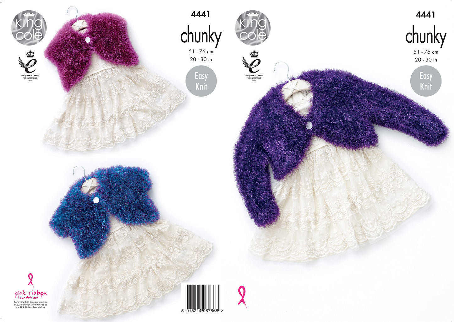 King Cole 4441 Knitting Pattern Girls V and Round Neck Boleros to Knit in Tinsel Chunky