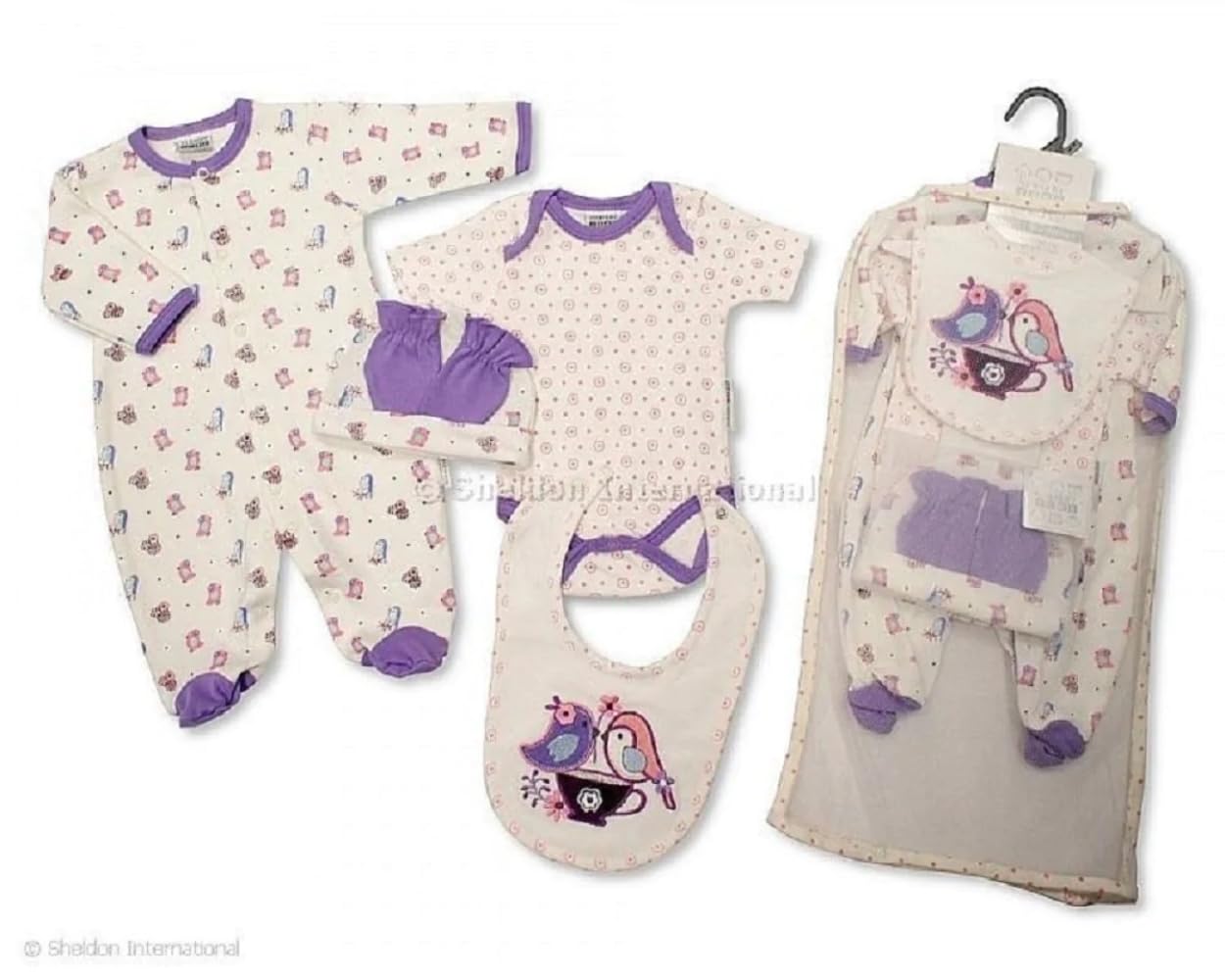 Unisex Baby Boys Girls 5 pcs Gift Set Bodyvest Babygrow Hat Mittens and Bib Sleepsuit Newborn-3-6 mths (3-6 Months, Colour 1)