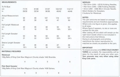 King Cole Ladies Magnum Chunky Knitting Pattern Womens Ribbed Polo Neck Sweater & Waistcoat (4277)