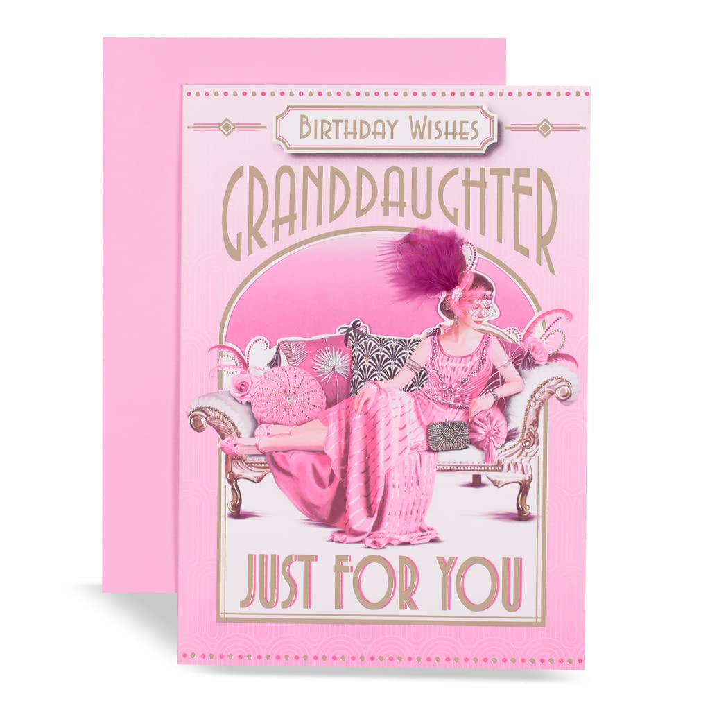 Art Deco Lady - Granddaughter - Glittered Birthday Card with Feather Detail