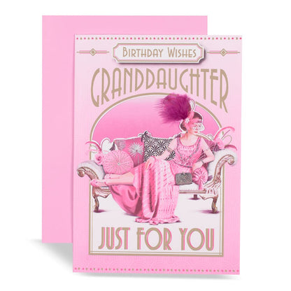 Art Deco Lady - Granddaughter - Glittered Birthday Card with Feather Detail