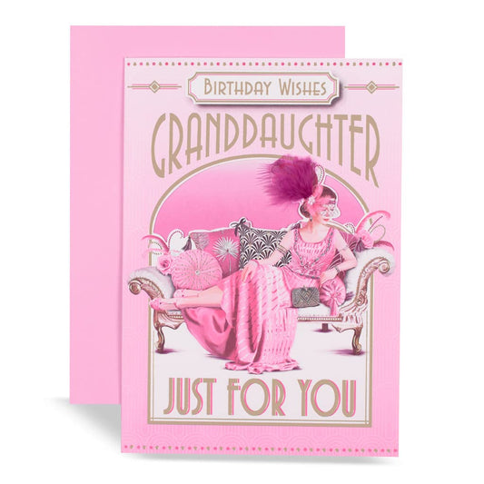 Art Deco Lady - Granddaughter - Glittered Birthday Card with Feather Detail