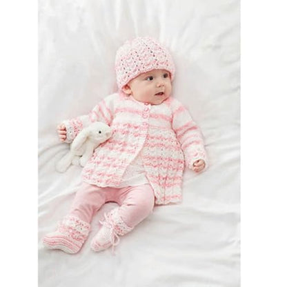 King Cole 5700 Knitting Pattern Baby Cardigan Top Matinee Coat Hat Bootees in Baby Stripe DK