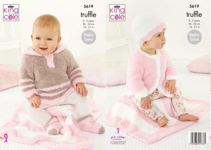 King Cole 5619 Knitting Pattern Babies Cardigan Hoodie Hat Socks and Blanket in Truffle DK