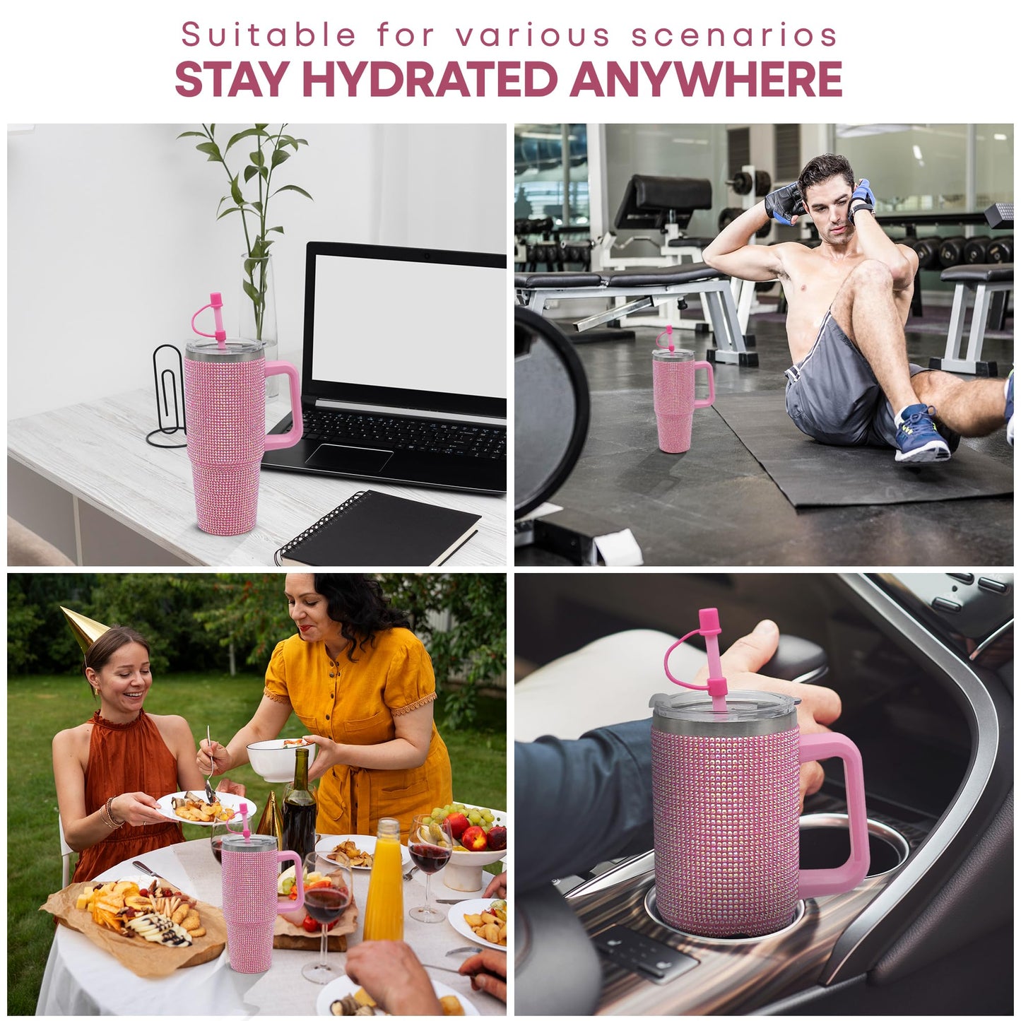 Lesser & Pavey Thirsteez Pink Diamante Drinks Cup for Hot Or Cold Drinks | Large Thermal Travel Mug with Lid & Straw for Office, Gym, Home Or Travel | Insulated Tumbler Coffee Cups for Daily Use