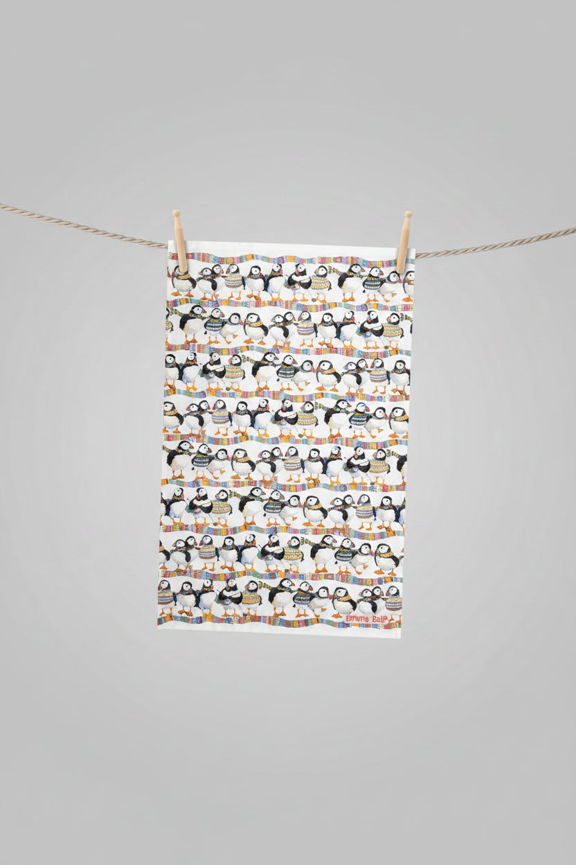 puffins    in scarfs    tea towel