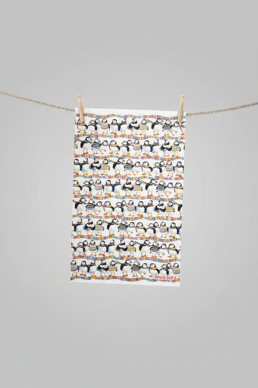 puffins    in scarfs    tea towel