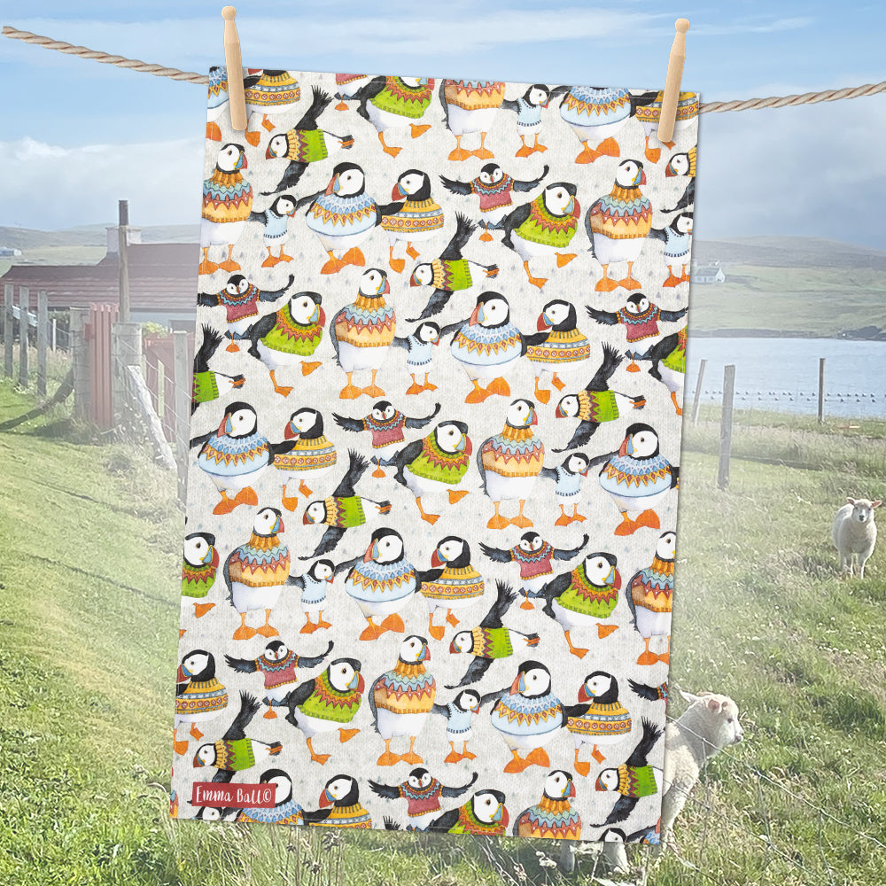 Emma Ball Woolly Puffins 100% Cotton Tea Towel
