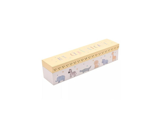 A beautiful box for keeping a baptismal certificate in a pastel color and with delicate details in the form of animals. The box is made of wood, packed in a decorative box and is an ideal gift for the birth of a child.