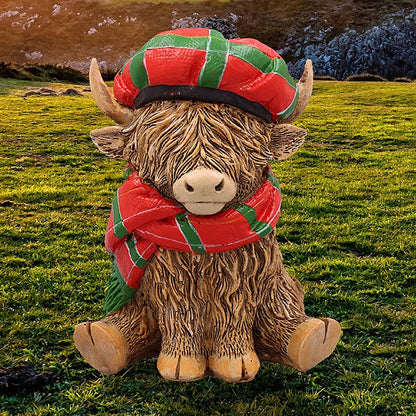 Happy Highland Cow Ornament in Traditional Tartan Scarf & Hat, Celebrating Scottish Heritage, Crafted from Durable Resin, 12cm Gift-Boxed Figurine with...