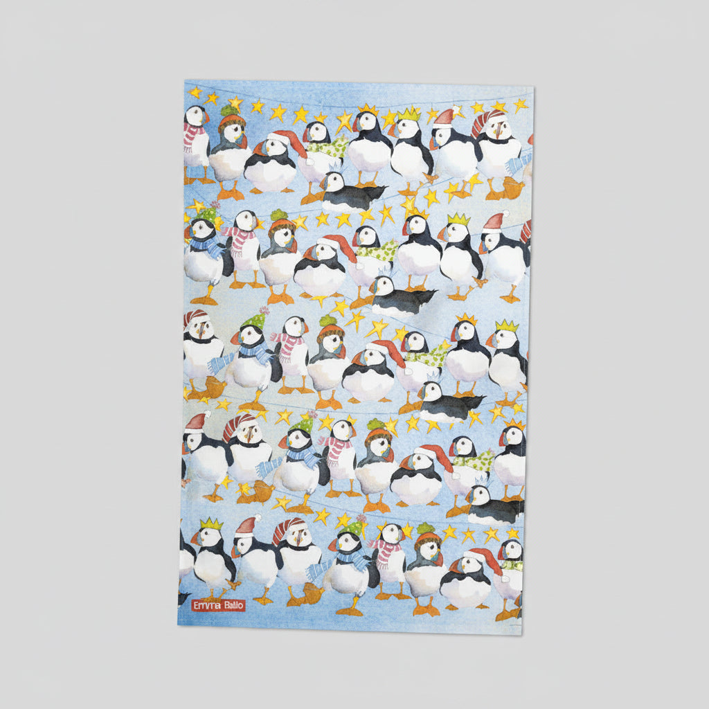 Christmas Party Puffins Tea Towel xf 10