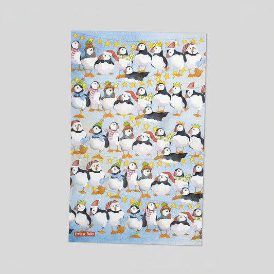 Christmas Party Puffins Tea Towel xf 10