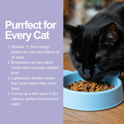 Cat Bowls 2 Pack, Shallow Feeding and Watering Bowl Set for Cats and Kittens, Embossed Face Pet Dishes, 11.5cm