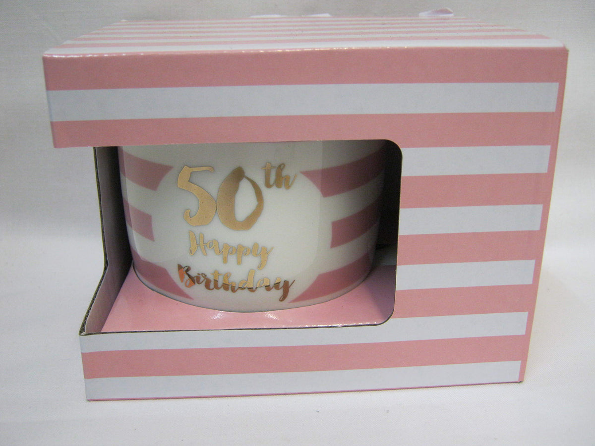 50th Happy Birthday Mug Pink Striped