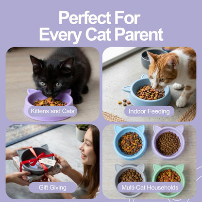 Cat Bowls 2 Pack, Shallow Feeding and Watering Bowl Set for Cats and Kittens, Embossed Face Pet Dishes, 11.5cm