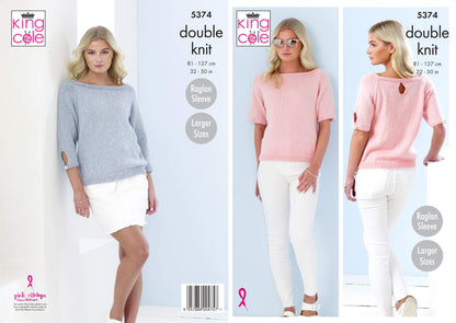King Cole 5374 Knitting Pattern Womens Raglan Sweaters in Cotton Top DK