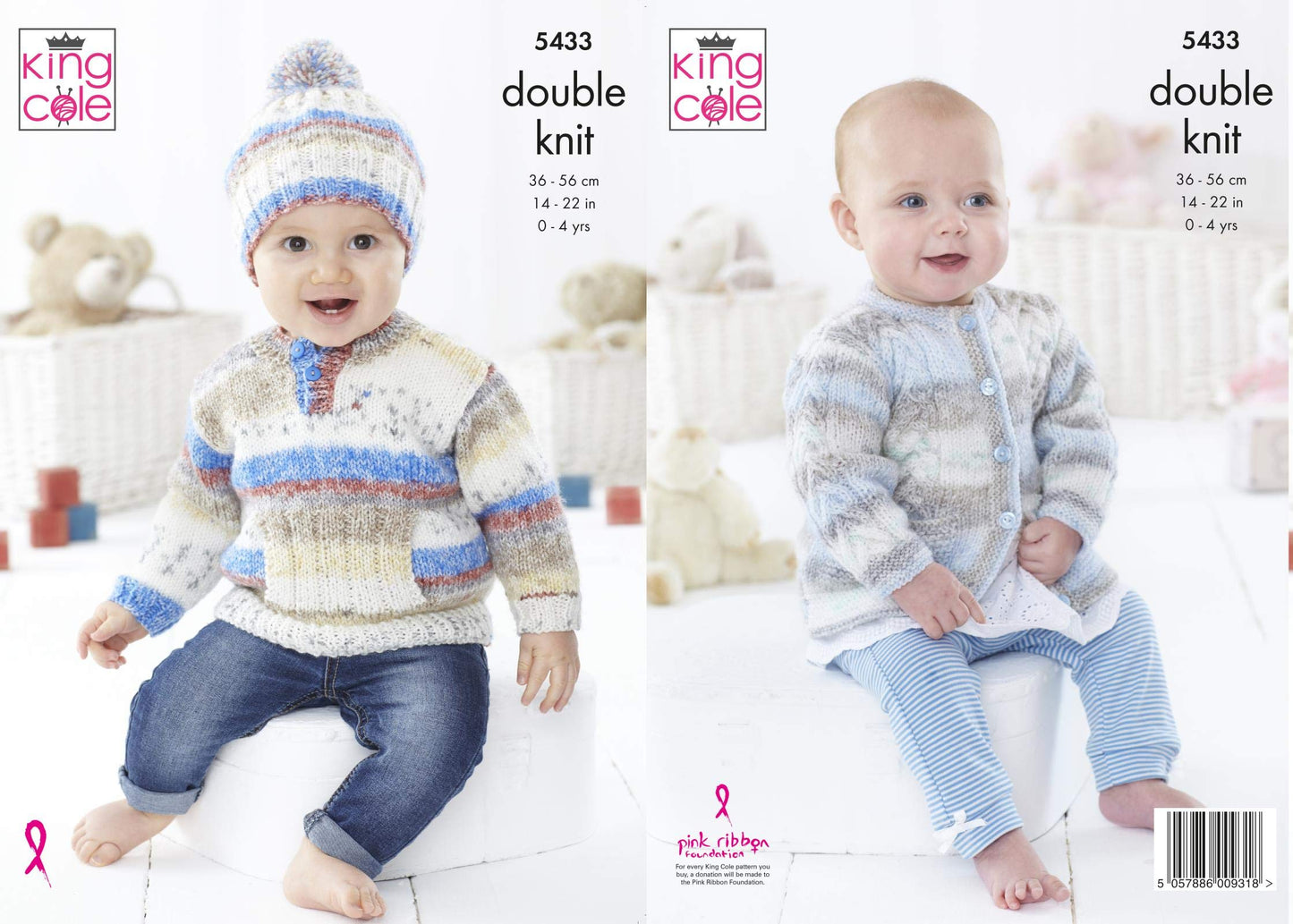 King Cole 5433 Knitting Pattern Sweater Cardigan and Hat in Splash DK