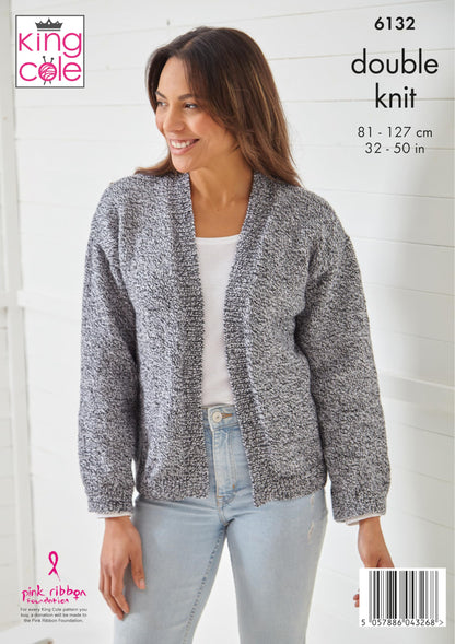 King Cole DK Knitting Pattern Pamphlet - 6132 Ladies Sweater & Cardigan (32"-50")