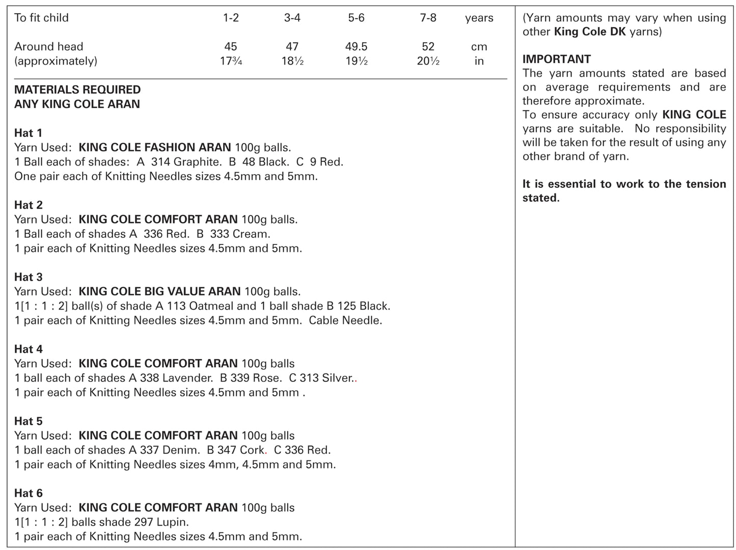 King Cole Knitting Pattern 3700 : Six Childrens Aran Hats (1-8 years)