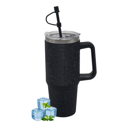 Lesser & Pavey Thirsteez Black Diamante Drinks Cup for Hot Or Cold Drinks | Large Thermal Travel Mug with Lid & Straw for Office, Gym, Home Or Travel | Insulated Tumbler Coffee Cups for Daily Use