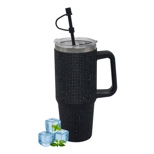 Lesser & Pavey Thirsteez Black Diamante Drinks Cup for Hot Or Cold Drinks | Large Thermal Travel Mug with Lid & Straw for Office, Gym, Home Or Travel | Insulated Tumbler Coffee Cups for Daily Use