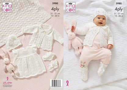 Shawl, Matinee Coat, Hat, Dress and Bootees in King Cole Cherished 4 Ply (5980)