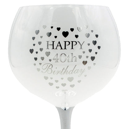 White & Silver Birthday Gin Glass - Heart Detail - 40th Birthday