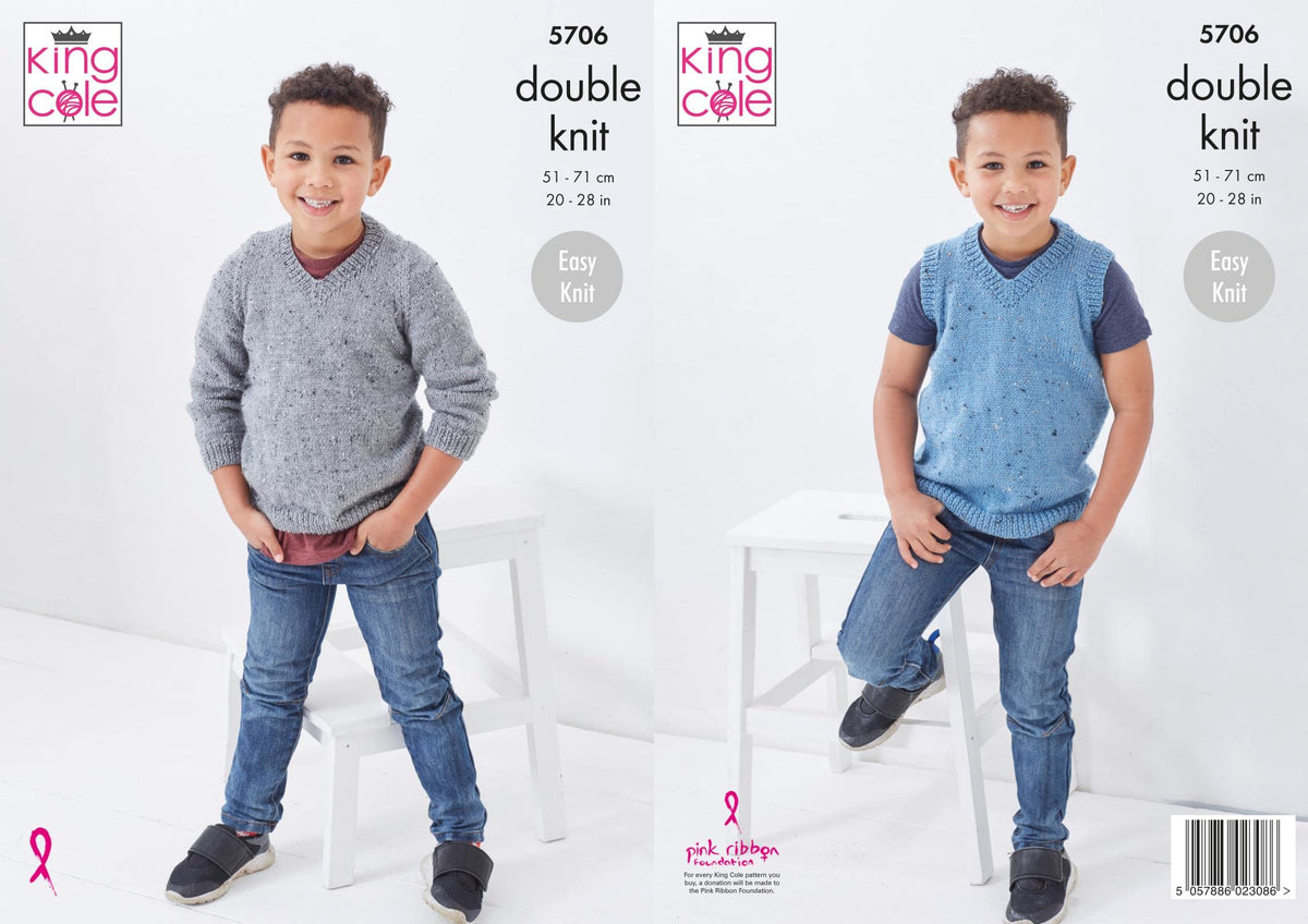 King Cole 5706 Knitting Pattern Childrens Sweater and Slipover in Big Value Tweed DK,Multi, 20-28 inch