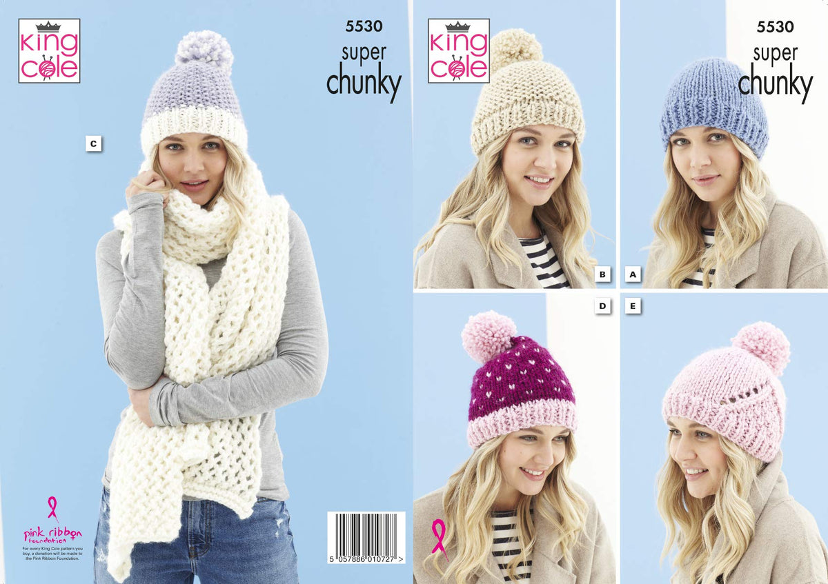 King Cole Ladies Super Chunky Knitting Pattern Womens Hats & Scarf (5530)