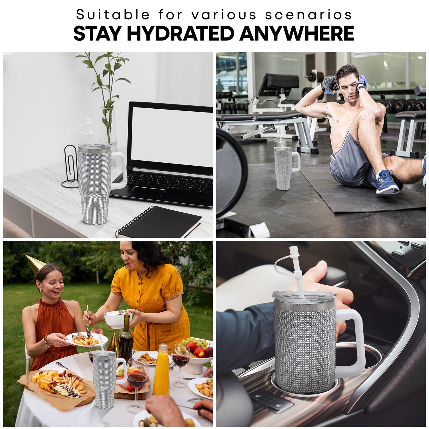 Lesser & Pavey Thirsteez Silver Diamante Drinks Cup for Hot Or Cold Drinks | Large Thermal Travel Mug with Lid & Straw for Office, Gym, Home Or Travel | Insulated Tumbler Coffee Cups for Daily Use
