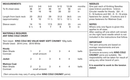 King Cole Baby Chunky Knitting Pattern Raglan Sleeve Hoody Jacket & Matinee Coat (4845),Multicolor,14" - 22" chest