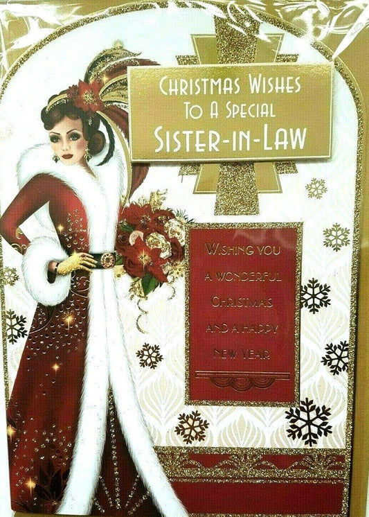 Art Deco - Special Sister in Law - Large Glittered Christmas Card