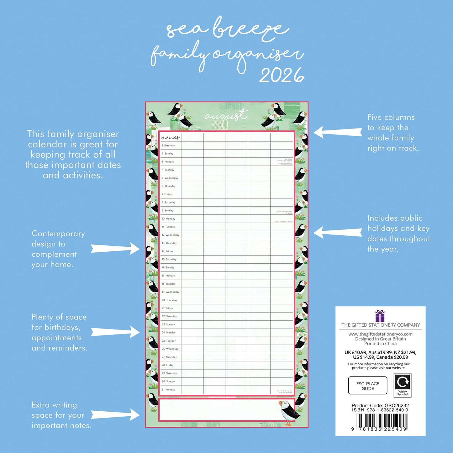The Gifted Stationery Monthly Wall Calendar - By the Sea Family Organiser