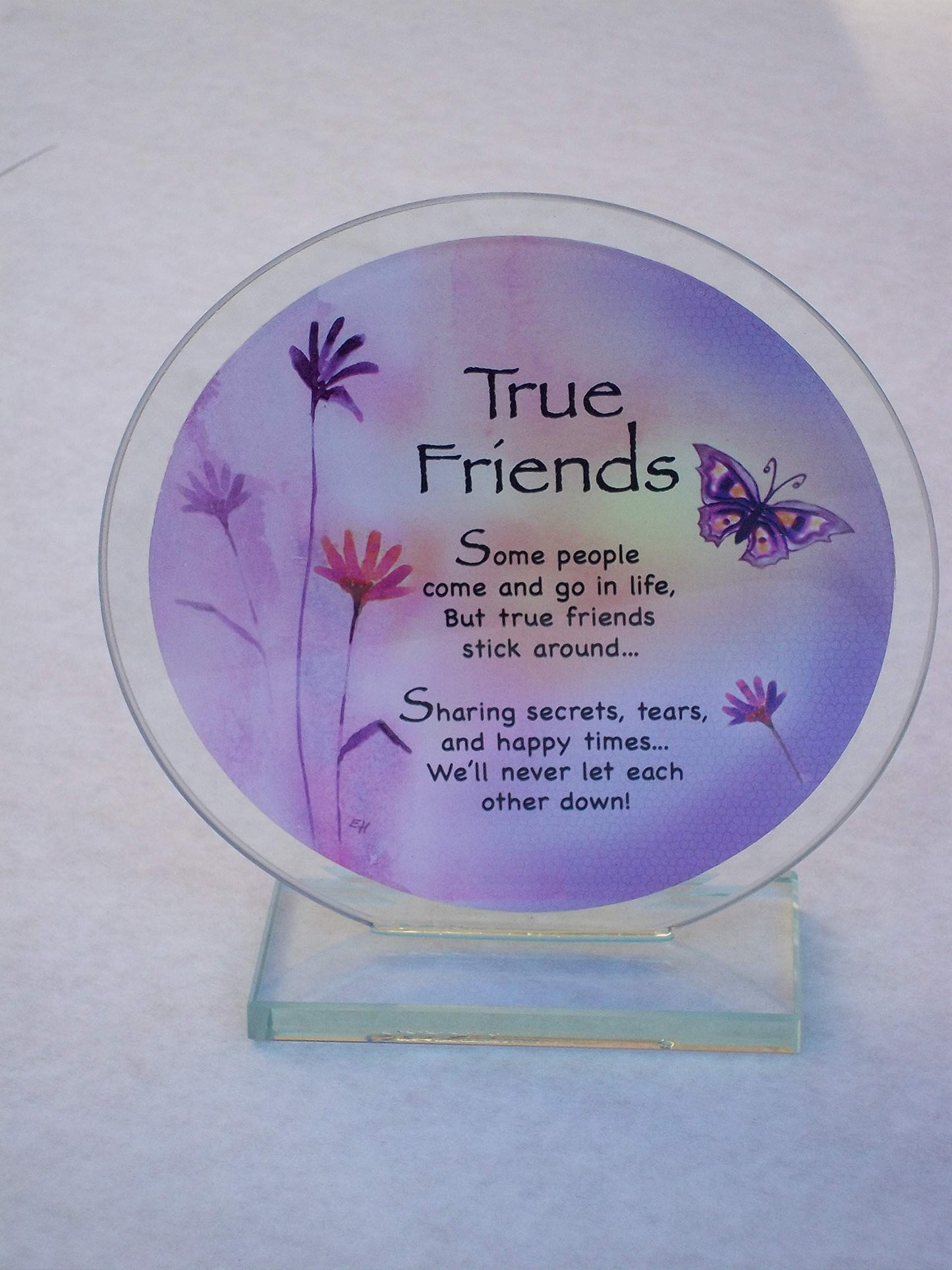 TRUE FRIENDS Polished Glass Plaque Keepsake Gift Set with Butterfly and Flowers artwork and TRUE FRIENDS Verse