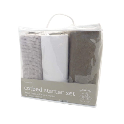 eLLi & Raff Soft & Cosy 3 Piece Cot Bed Starter Set in Grey - Cellular Blanket - Soft Fleece Blanket - Fitted Sheet