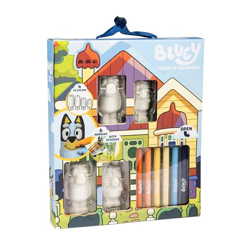 RMS International Bluey Colour in Squishems Set - Includes Bluey, Bingo, Bandit & Chilli Squishems, 6 Felt Tip Pens & Sticker Sheet- Childrens Creative Play Gift 3+