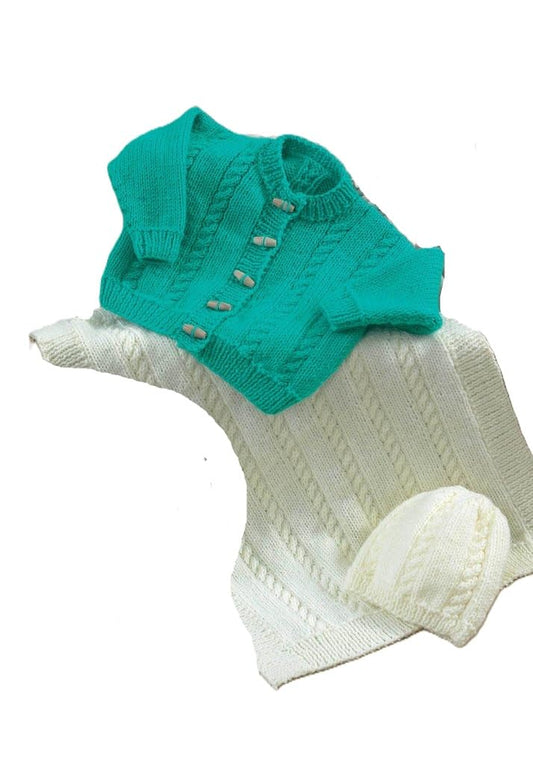 King Cole Aran Knitting Pattern Babys Cardigan Blanket & Hat (4223)