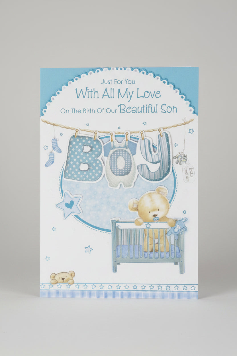 Birth of our Son Card - With All My Love - Bear in Cot - 25cms x 18cms
