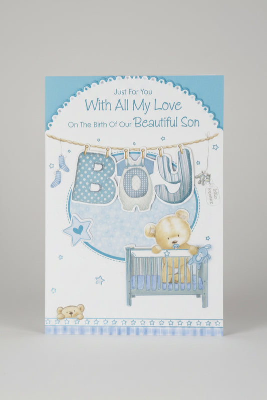 Birth of our Son Card - With All My Love - Bear in Cot - 25cms x 18cms