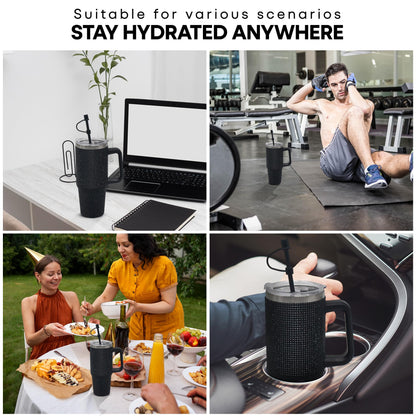 Lesser & Pavey Thirsteez Black Diamante Drinks Cup for Hot Or Cold Drinks | Large Thermal Travel Mug with Lid & Straw for Office, Gym, Home Or Travel | Insulated Tumbler Coffee Cups for Daily Use