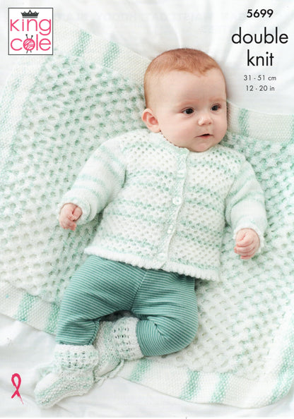 King Cole 5699 Knitting Pattern Baby Cardigan Waistcoat Hoody Blanket Bootees in Baby Stripe DK