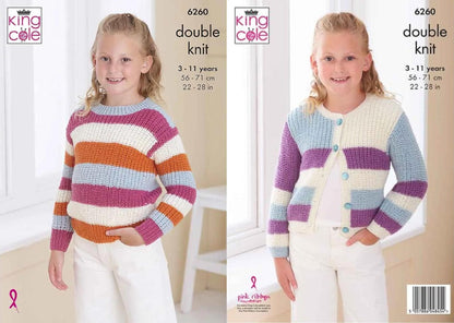King Cole Kids Double Knit Knitting Pattern Girls Sweater & Button Cardigan (6260), 22” – 28” (56cm – 71cm)