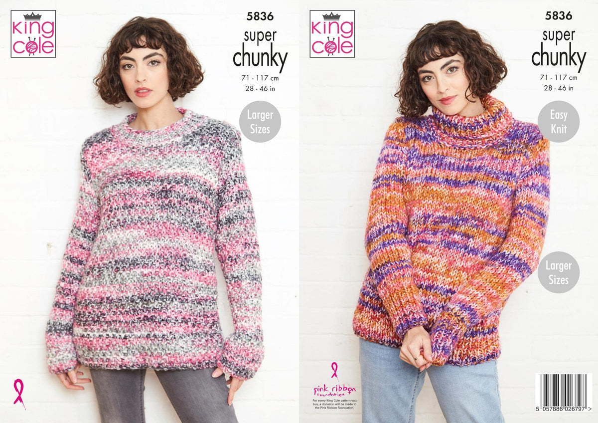 King Cole 5836 Knitting Pattern Womens Round Neck and Polo Sweaters in Big Value Super Chunky Tints, Multi, 32'' - 50''