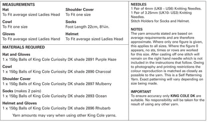 King Cole 5147 Knitting Pattern Hat Cowl Gloves Shoulder Cover Socks and Helmet in Curiosity DK