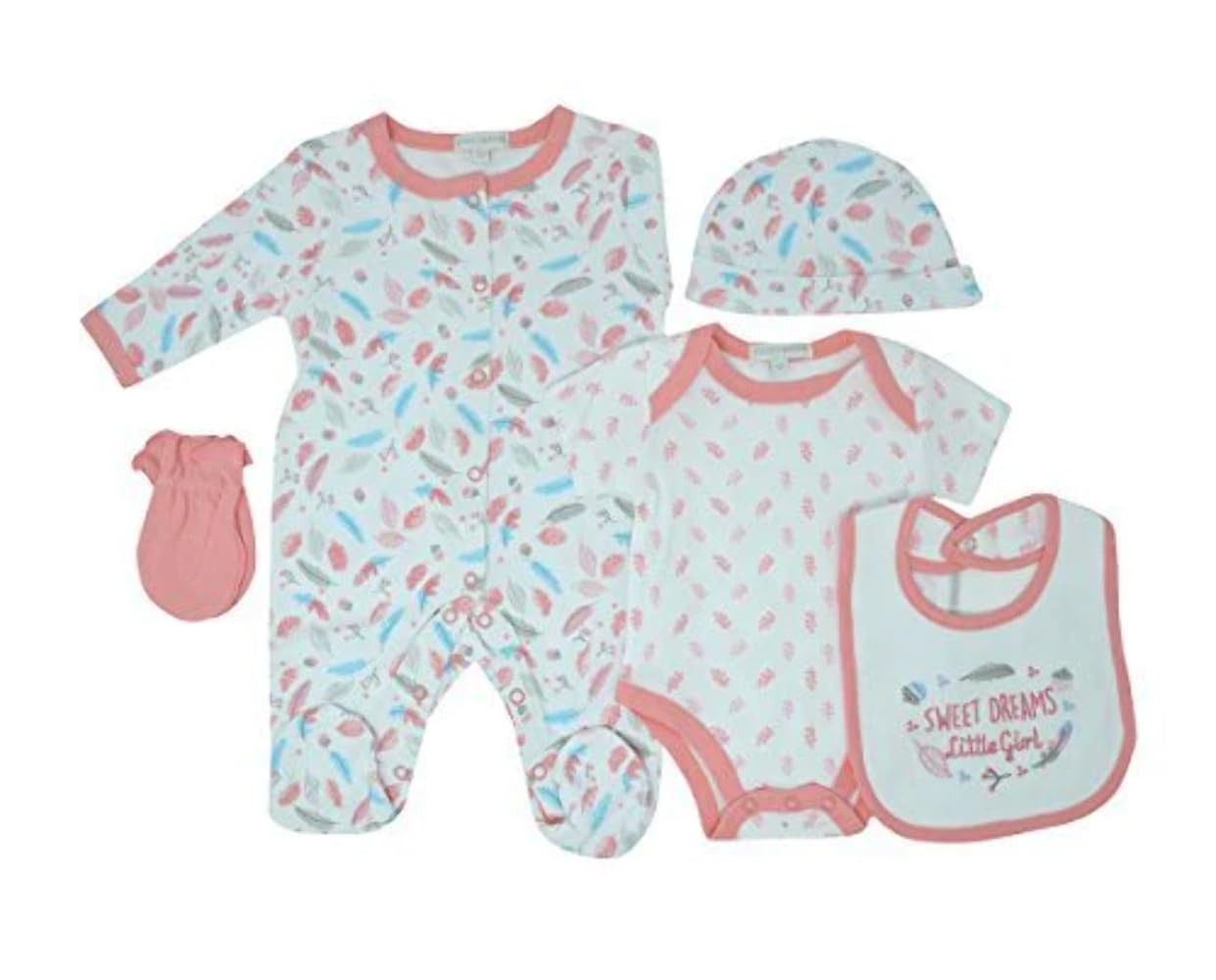 Unisex Baby Boys Girls 5 pcs Gift Set Bodyvest Babygrow Hat Mittens and Bib Sleepsuit Newborn-3-6 mths (3-6 Months, Colour 1)