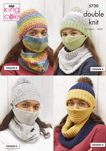 King Cole DK Knitting Pattern to Knit Face Covering Masks Hats & Cowls (5730)