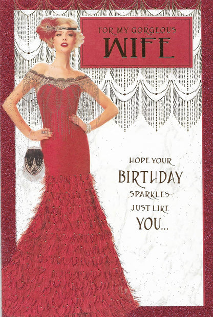 for My Gorgeous Wife Birthday Card***Art Deco**RED Glitter***9 X 6INCHES**1ST Class Post**AA8**