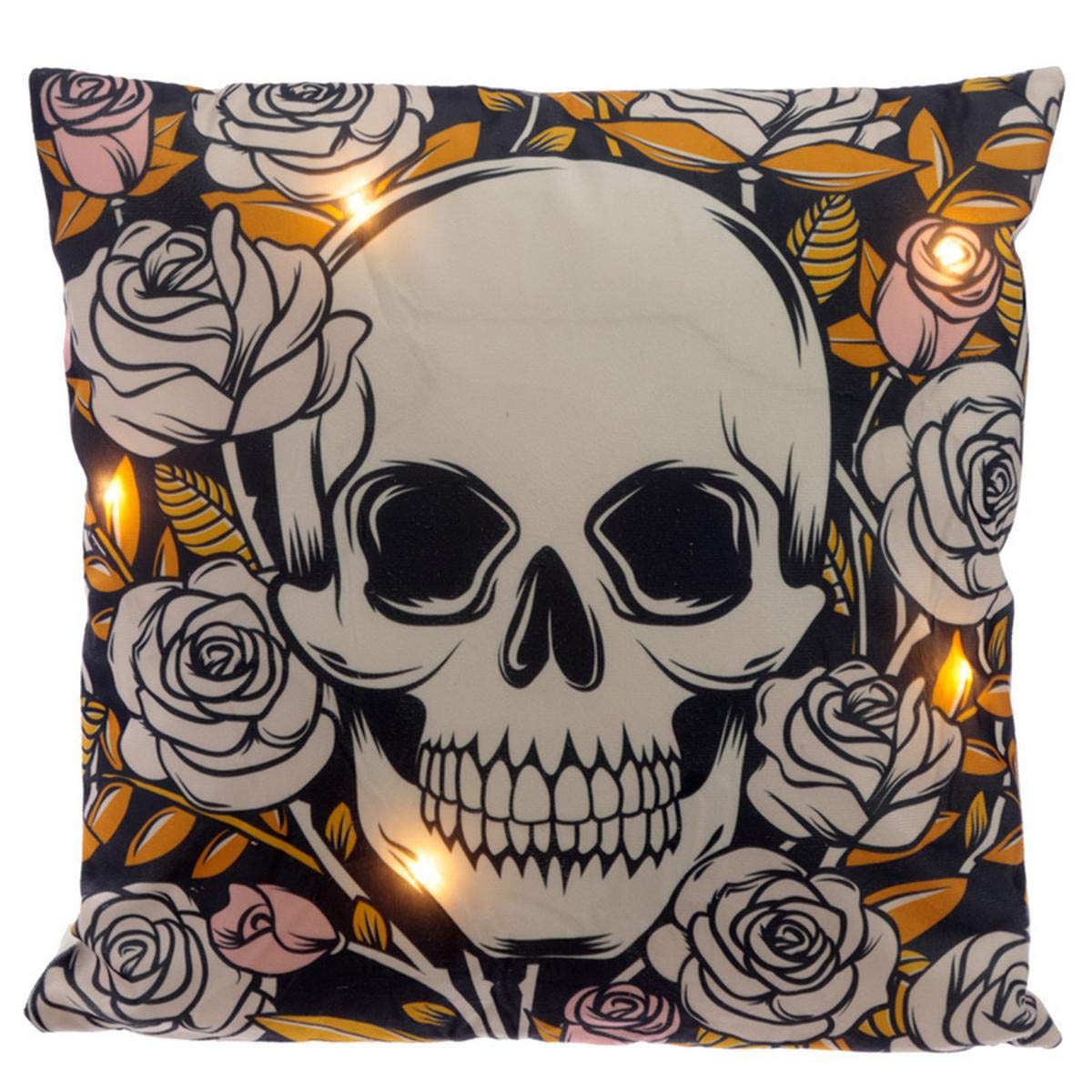 Puckator LED Skulls And Roser Cushion. Floral Skull Design for Bedroom Living Room, Home Decorative 37x37x10cm Polyester Pillow Case and Insert