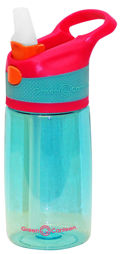 Green Canteen Single Wall Tritan Plastic Aqua Bottle with Pink/Aqua Push Button Flip Cap with Orange Accents
